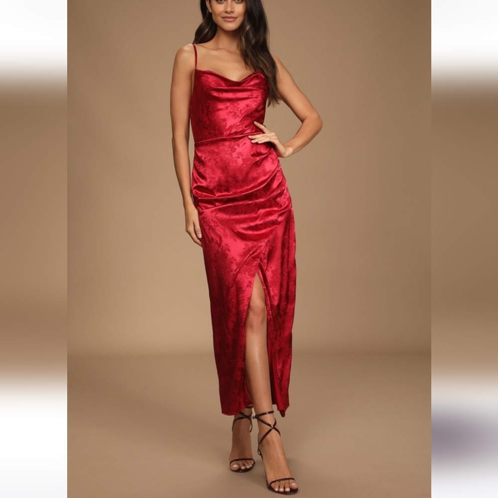 Under the Moonlight Wine Red Satin Jacquard Maxi Dress